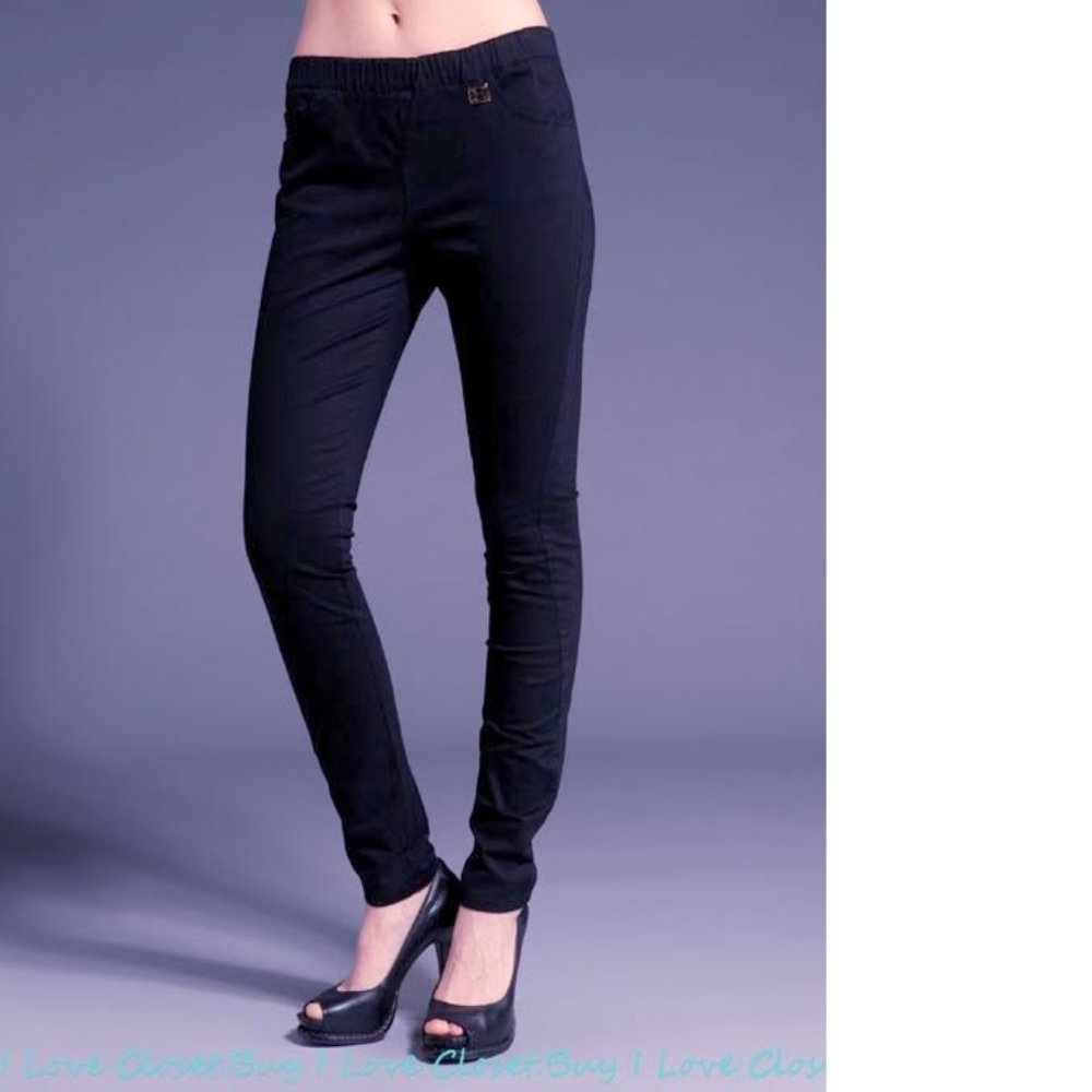 NWT Halston Heritage Denim Leggings Jeggings Dark Blue Gold Logo Size 2